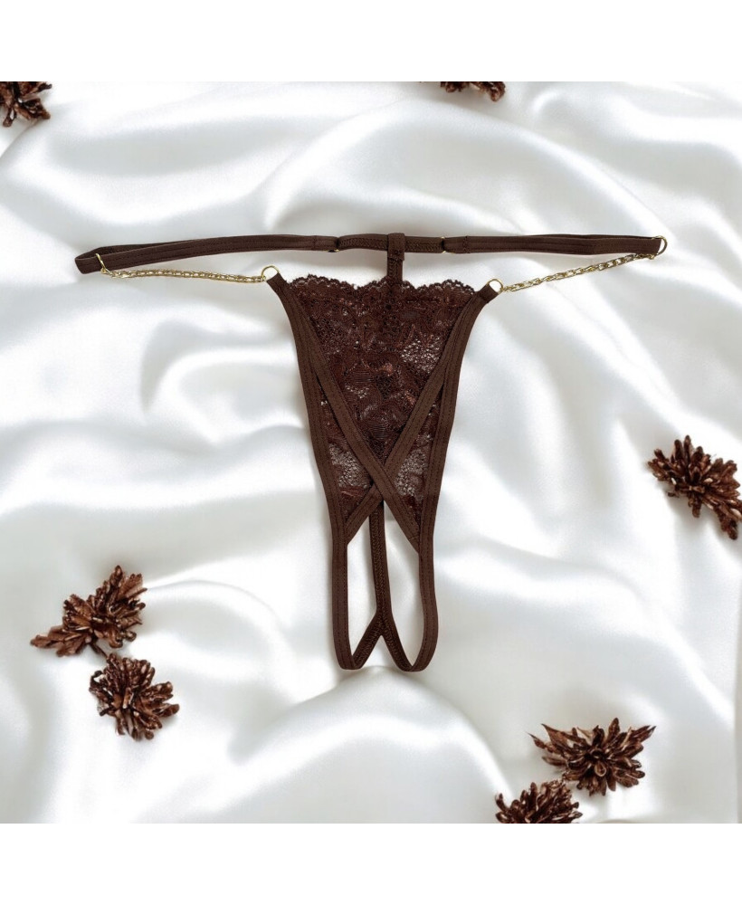 String en dentelle marron ouvert avec chaînes dorées 